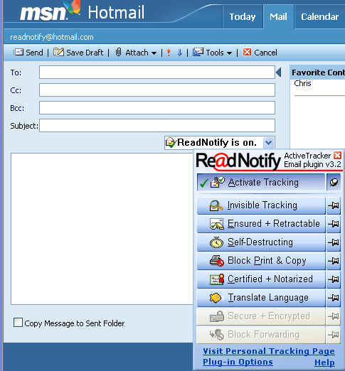 Hotmail Screen shot of the ReadVerify Plugin